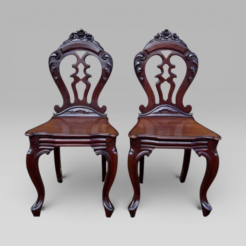 Antique Pair of Victorian Carved Mahogany Hall Chairs